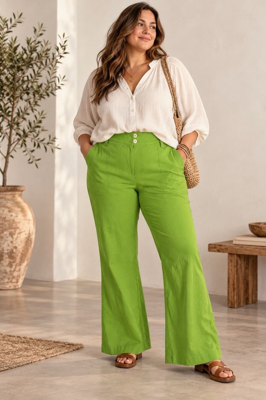 Anthropologie Maeve Naomi Pants Womens 20W Green Linen Blend Wide Leg Flare